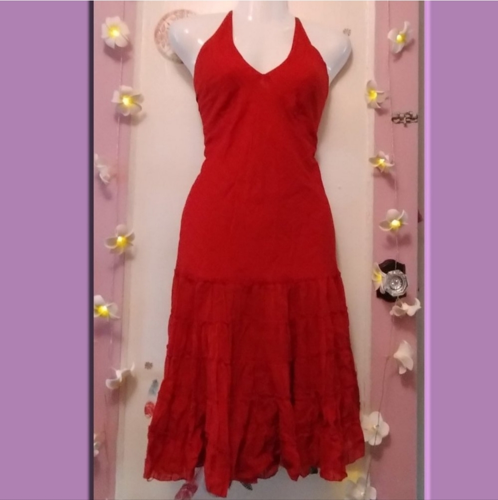 Deep Red Multi Tiered Ruffle Halter Strap Textured Dress (L)